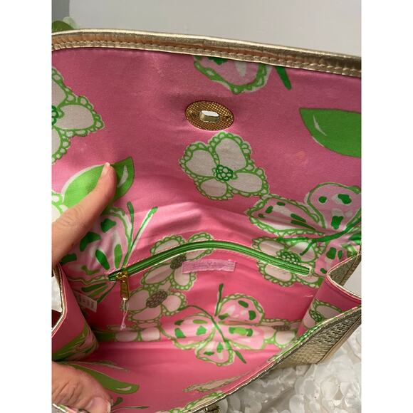 Lilly Pulitzer Gold Basketweave Metallic Clutch Vintage Floral Interior & Clasp - Picture 8 of 11